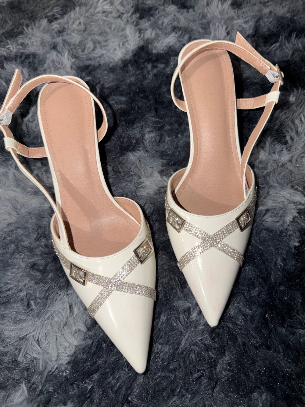 Pointed Toe Ankle Strap Pumps in Cream with Rhinestone Detail kitten heels